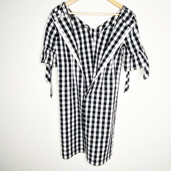 J. Crew Gingham Ruffle Sleeve V Neck Midi Shift Dress Black White Size XS - Picture 5 of 12